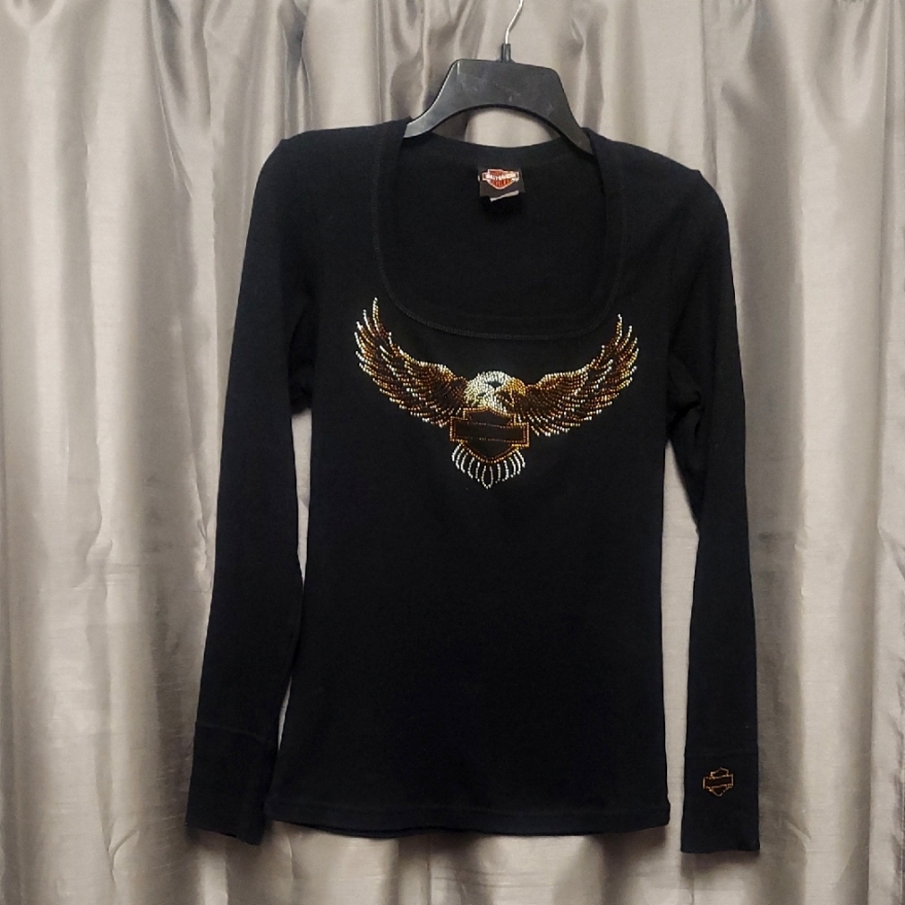 HARLEY-DAVIDSON Black Long Sleeve with Gold Brown Eagle